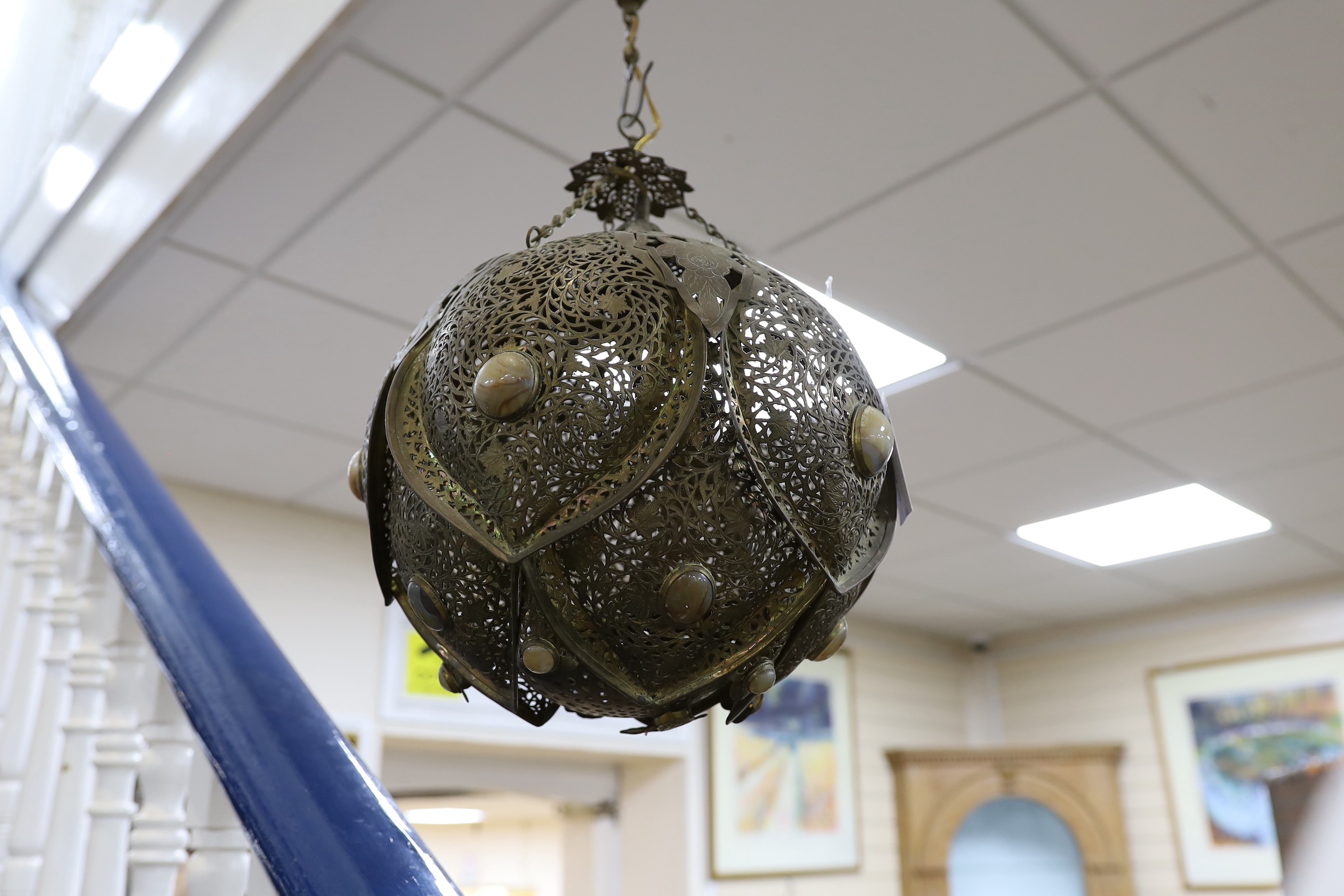 An Islamic brass and agate mounted hanging lantern